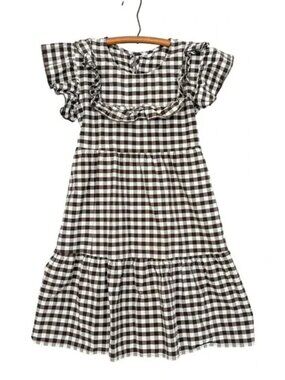 Girls Brown Gingham Check Dress Cottage‎ Core Prairie Smock Ruffle Short Sleeve